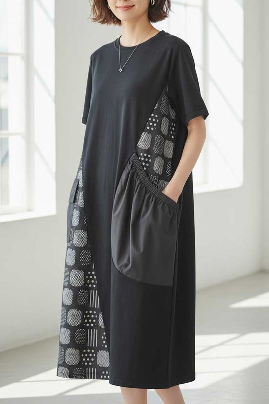 幾何学柄 切替 ギャザーポケット ワンピース 半袖 綿混 ゆったり 体型カバー M-L