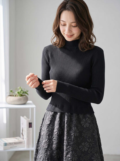 ワンピース ドッキング リブニット ふくれジャガード 異素材切替 すっきり 秋冬 M L
