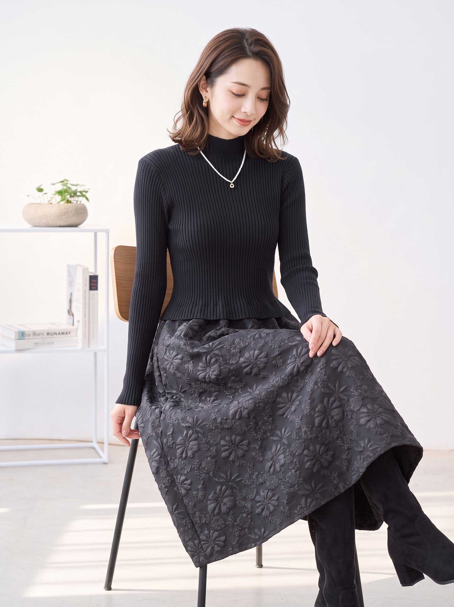 ワンピース ドッキング リブニット ふくれジャガード 異素材切替 すっきり 秋冬 M L