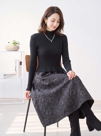 ワンピース ドッキング リブニット ふくれジャガード 異素材切替 すっきり 秋冬 M L
