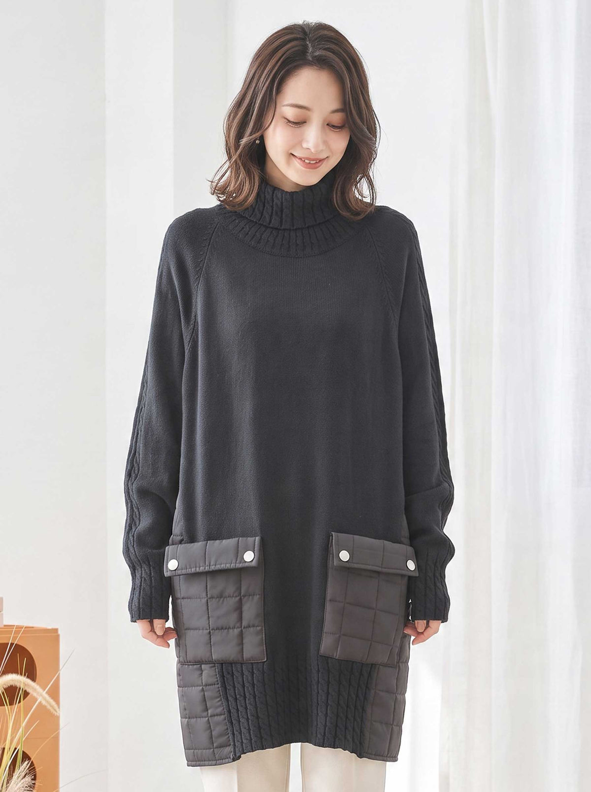 トップス ニット チュニック プルオーバー 異素材 切替 ゆったり 体型カバー 秋 冬 M L