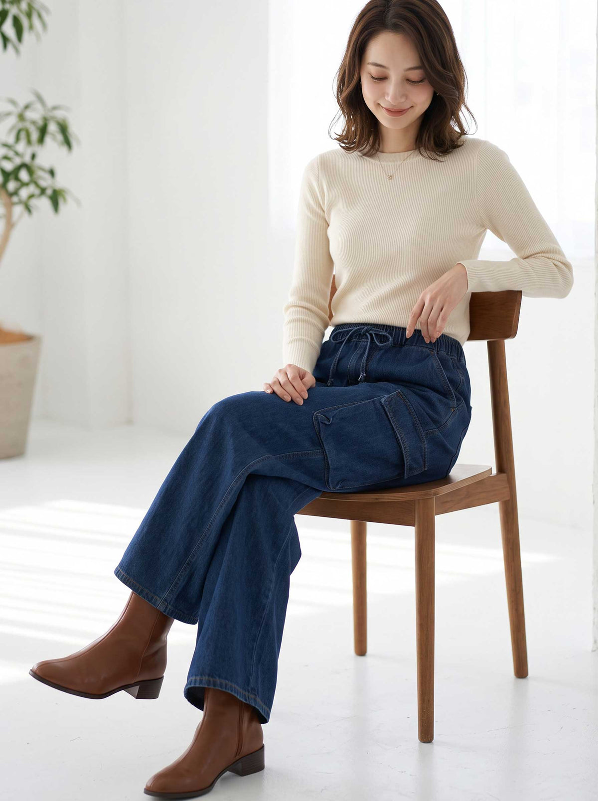 デニム ワイド カーゴパンツ サイドポケット ウエストゴム ゆったり 秋冬 M