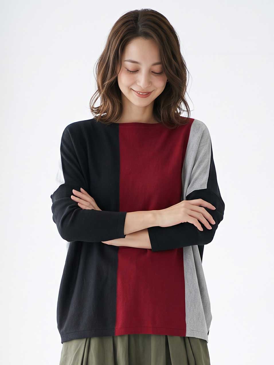ニット プルオーバー 3配色 切替 長袖 ゆったり 体型カバー 秋 冬 M L