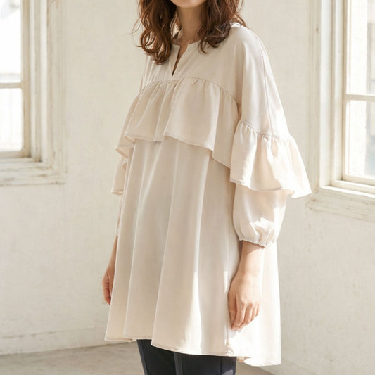 【M】袖フリル チュニックブラウス バックボタン 体型カバー 大人可愛い SILENT WORTH