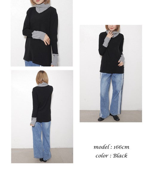 バックスタイルを見せたバイカラートップス（ブラック×グレー）