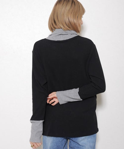 背中側の切替デザインが特徴のレイヤード風カットソー（ブラック×グレー）