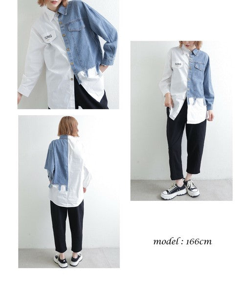 M〜L】デニム切替アシンメトリーデザインブラウス｜BRILLANTE