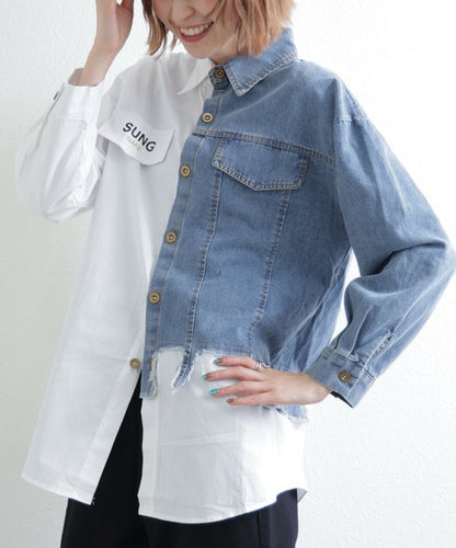 【M〜L】デニム切替アシンメトリーデザインブラウス｜BRILLANTE