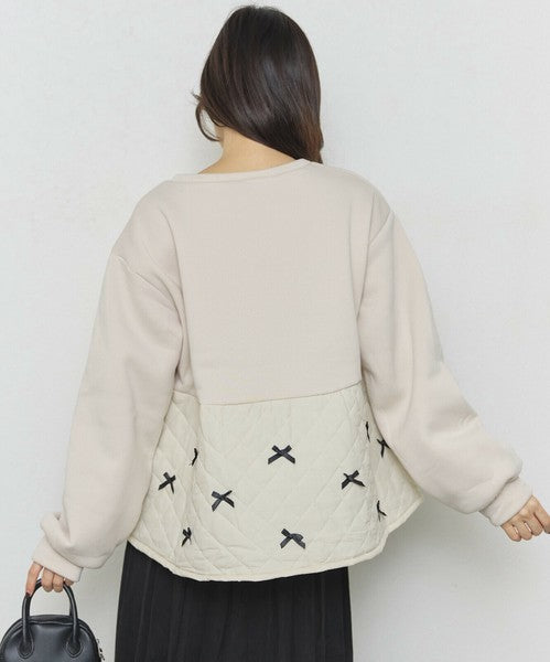 【M～L】裏起毛キルティング切替リボントップス｜chouchou