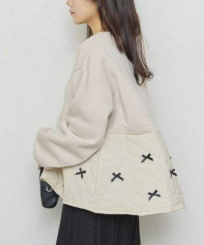 【M～L】裏起毛キルティング切替リボントップス｜chouchou