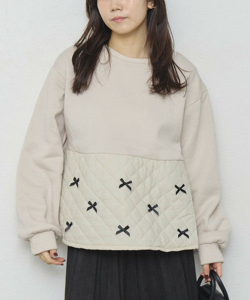 【M～L】裏起毛キルティング切替リボントップス｜chouchou