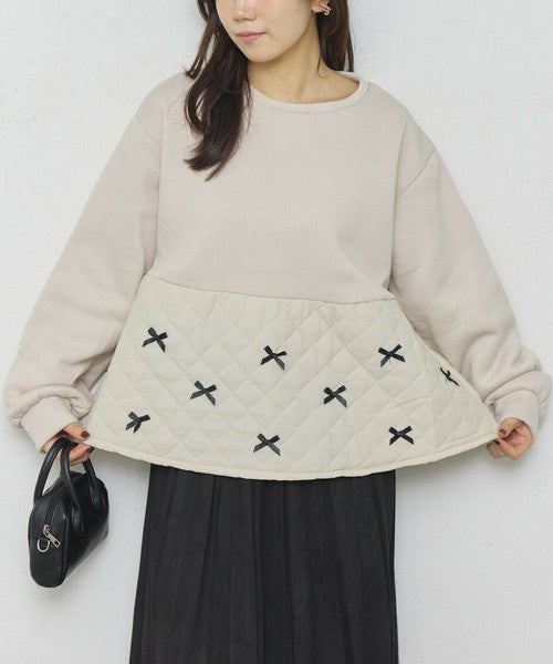 【M～L】裏起毛キルティング切替リボントップス｜chouchou