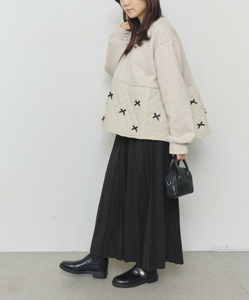 【M～L】裏起毛キルティング切替リボントップス｜chouchou