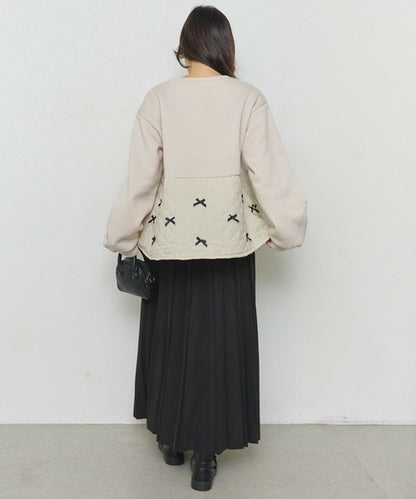 【M～L】裏起毛キルティング切替リボントップス｜chouchou