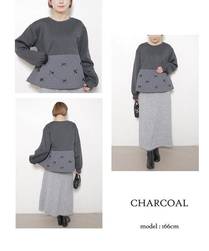 【M～L】裏起毛キルティング切替リボントップス｜chouchou