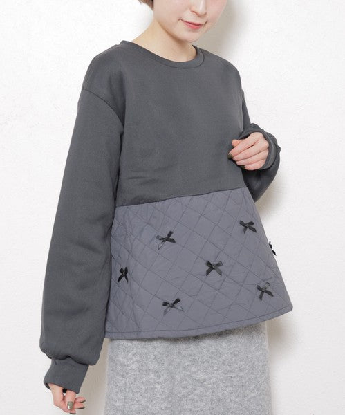 【M～L】裏起毛キルティング切替リボントップス｜chouchou