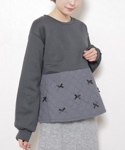 【M～L】裏起毛キルティング切替リボントップス｜chouchou
