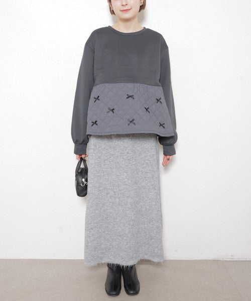 【M～L】裏起毛キルティング切替リボントップス｜chouchou