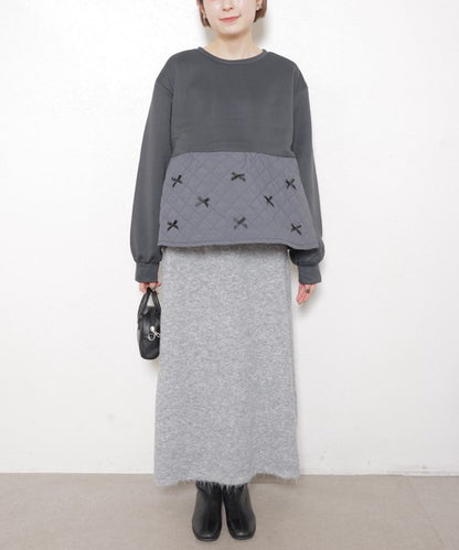 【M～L】裏起毛キルティング切替リボントップス｜chouchou