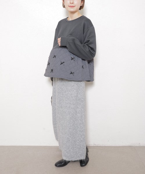 【M～L】裏起毛キルティング切替リボントップス｜chouchou