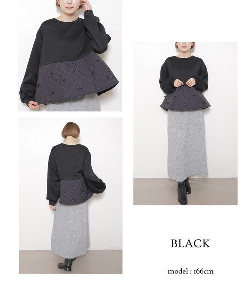 chouchou「【ゆったりサイズ】裏起毛キルティング切替リボントップス