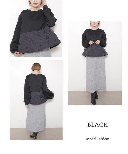 chouchou「【ゆったりサイズ】裏起毛キルティング切替リボントップス