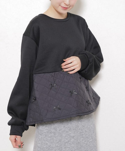 【M～L】裏起毛キルティング切替リボントップス｜chouchou