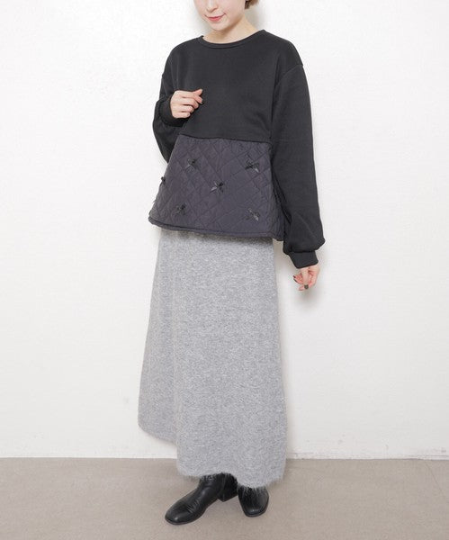 【M～L】裏起毛キルティング切替リボントップス｜chouchou