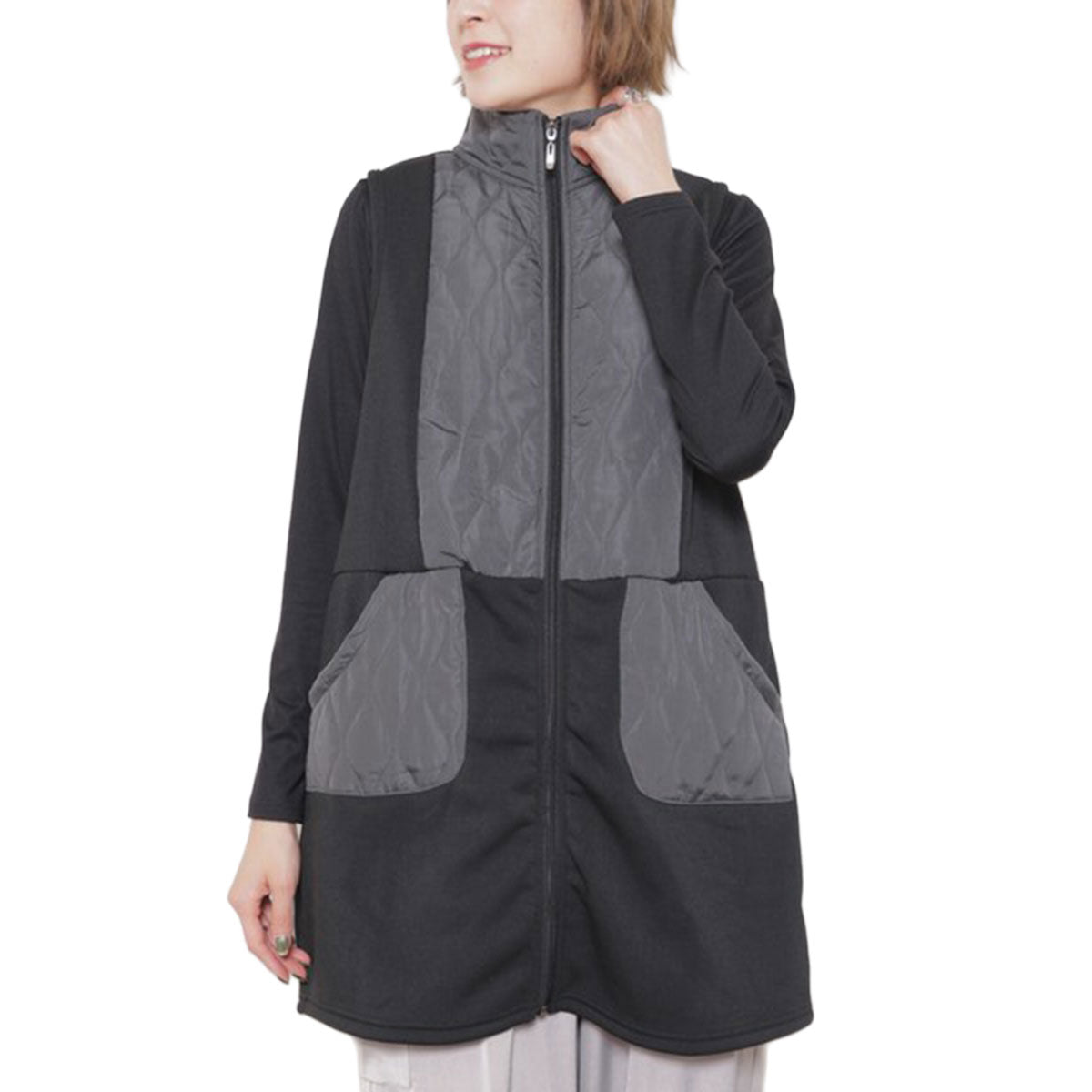 【フリー】裏起毛×キルティング 切替ロングベスト｜Economico