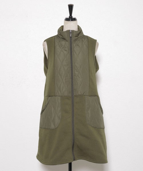ルソーにかけた配色ポケット付きロングベスト（カーキ）