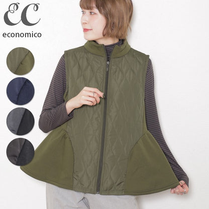 カーキのベストを着用したモデルの上半身、カラー展開タグ付き