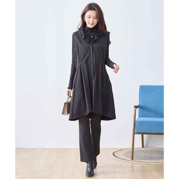 【M〜L/L〜LL】フリルネックロングベスト 大胆フリル レイヤード 体型カバー ナイロン混