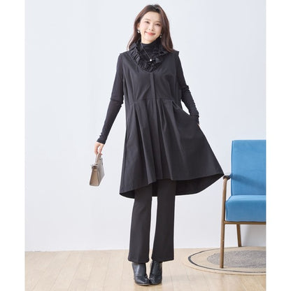 【M〜L/L〜LL】フリルネックロングベスト 大胆フリル レイヤード 体型カバー ナイロン混