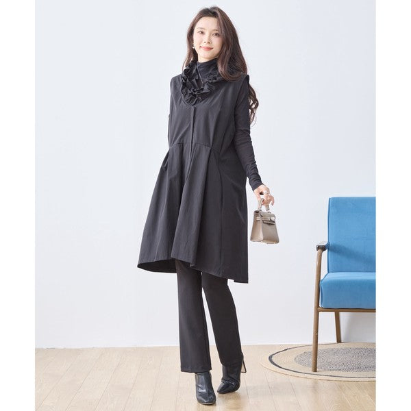 【M〜L/L〜LL】フリルネックロングベスト 大胆フリル レイヤード 体型カバー ナイロン混