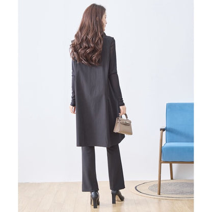 【M〜L/L〜LL】フリルネックロングベスト 大胆フリル レイヤード 体型カバー ナイロン混