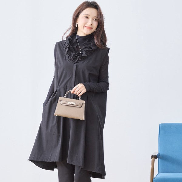 【M〜L/L〜LL】フリルネックロングベスト 大胆フリル レイヤード 体型カバー ナイロン混