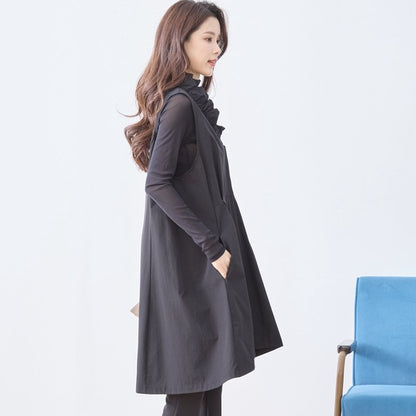【M〜L/L〜LL】フリルネックロングベスト 大胆フリル レイヤード 体型カバー ナイロン混