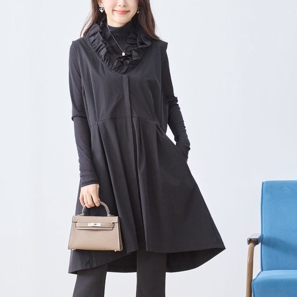 【M〜L/L〜LL】フリルネックロングベスト 大胆フリル レイヤード 体型カバー ナイロン混