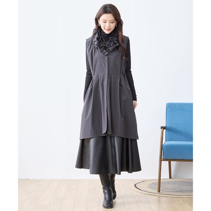 【M〜L/L〜LL】フリルネックロングベスト 大胆フリル レイヤード 体型カバー ナイロン混