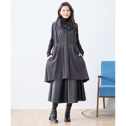 【M〜L/L〜LL】フリルネックロングベスト 大胆フリル レイヤード 体型カバー ナイロン混