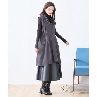 【M〜L/L〜LL】フリルネックロングベスト 大胆フリル レイヤード 体型カバー ナイロン混