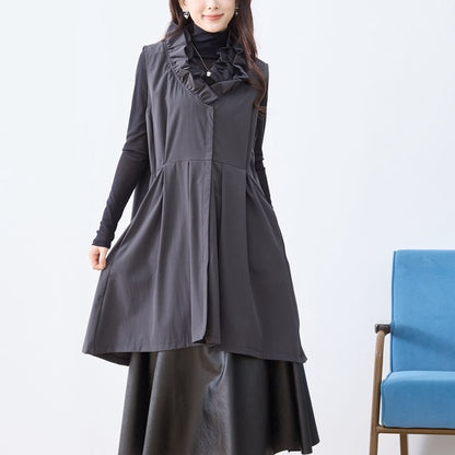 【M〜L/L〜LL】フリルネックロングベスト 大胆フリル レイヤード 体型カバー ナイロン混