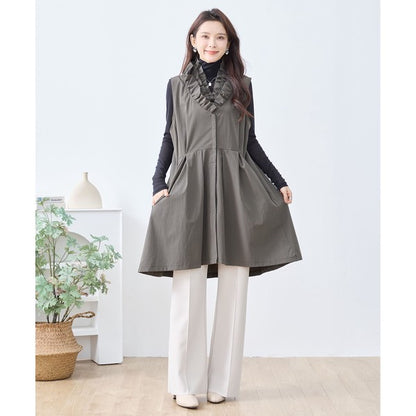 【M〜L/L〜LL】フリルネックロングベスト 大胆フリル レイヤード 体型カバー ナイロン混