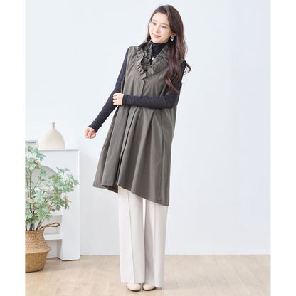 【M〜L/L〜LL】フリルネックロングベスト 大胆フリル レイヤード 体型カバー ナイロン混