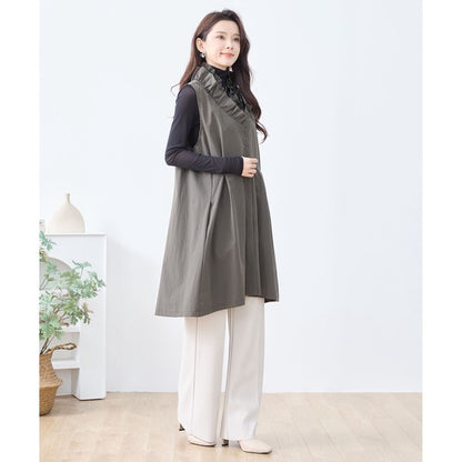 【M〜L/L〜LL】フリルネックロングベスト 大胆フリル レイヤード 体型カバー ナイロン混