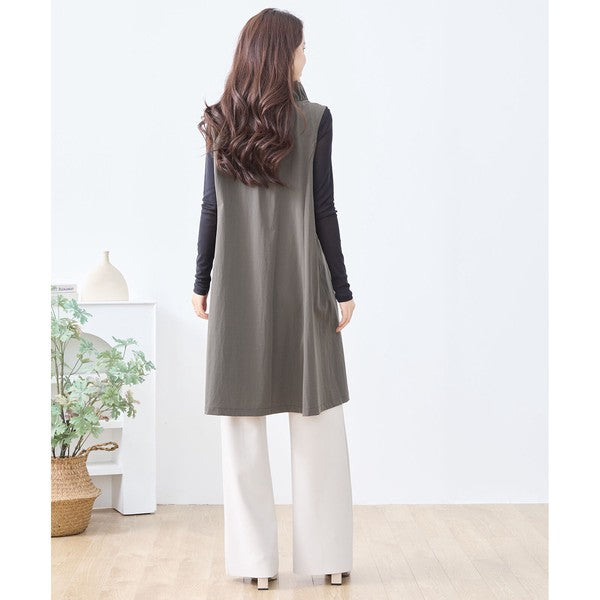 【M〜L/L〜LL】フリルネックロングベスト 大胆フリル レイヤード 体型カバー ナイロン混