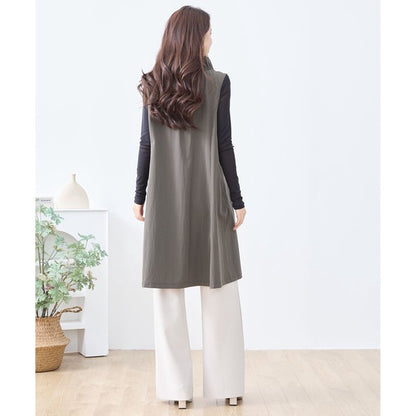 【M〜L/L〜LL】フリルネックロングベスト 大胆フリル レイヤード 体型カバー ナイロン混