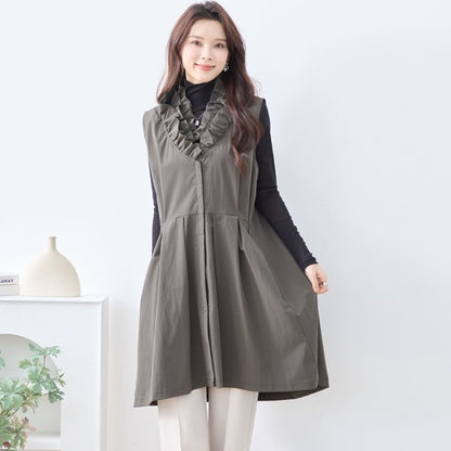 【M〜L/L〜LL】フリルネックロングベスト 大胆フリル レイヤード 体型カバー ナイロン混