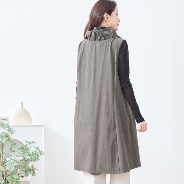 【M〜L/L〜LL】フリルネックロングベスト 大胆フリル レイヤード 体型カバー ナイロン混