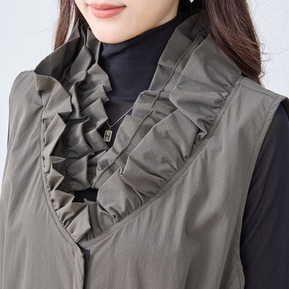 【M〜L/L〜LL】フリルネックロングベスト 大胆フリル レイヤード 体型カバー ナイロン混